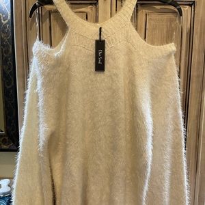 White fuzzy open shoulder sweater